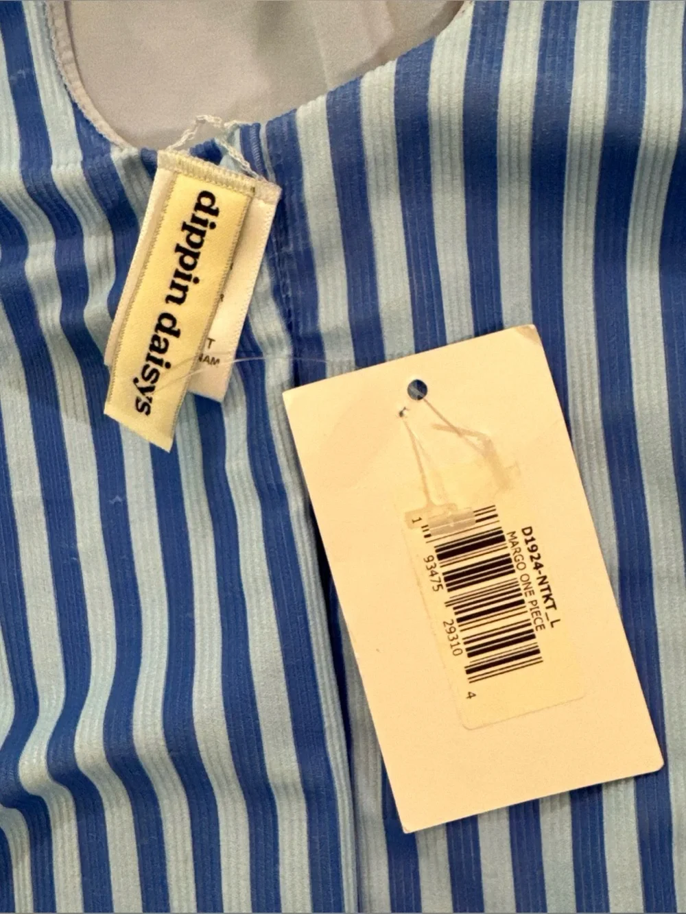 Dippin Daisys Blue Stripe One Piece Swimsuit Margo Belted V Neck NWT Coastal L